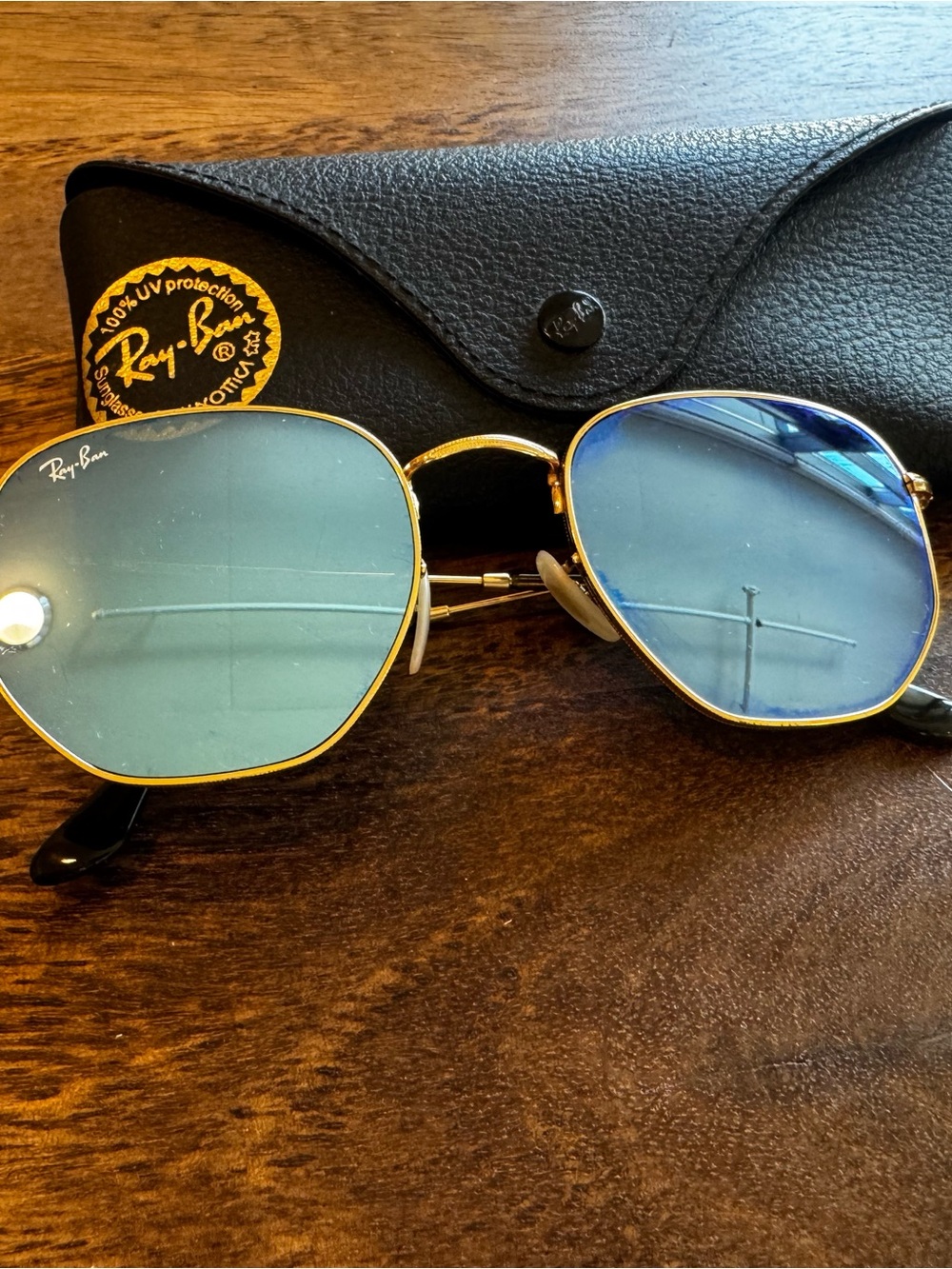 Ray-Ban Gold Frame Sunglasses with Blue Lenses